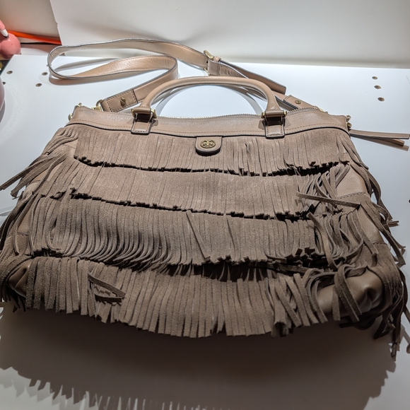 Tory Burch Handbags - Tory Burch Taupe Fringed Suede Shoulder Bag